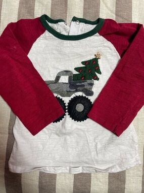 Mud Pie Red & White Christmas Raglan Tee with Truck and Tree Applique